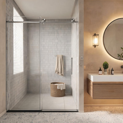 Porte de douche sans cadre en nickel brossé de 112 à 122 cm avec verre trempé transparent et poignée en acier inoxydable
