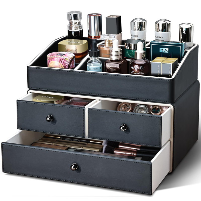 Organisateur de maquillage en cuir avec 3 tiroirs, support de beauté pour pinceau à lèvres, 2 niveaux, (beige), Beige