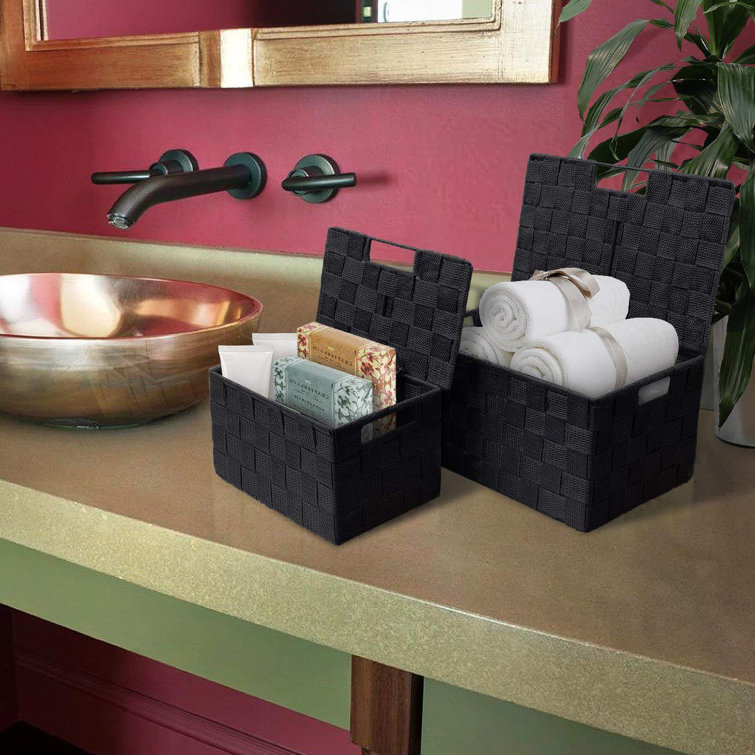 Foldable Storage Cube Woven Basket Bin Set - Built-in Carry Handles - Great for Home Organization, Nursery, Playroom, Closet, Dorm, Etc (Lid Bins - 3