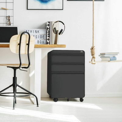 3 Drawer Metal Filing Cabinets with Lock Wheels, Anti-tilt Under Desk Design (No Assembly Required)