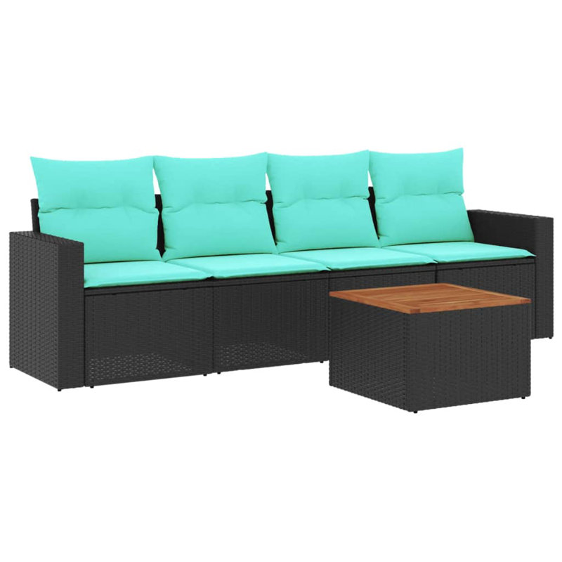 Ensemble de canapé de patio 5 pièces avec coussins en rotin de polyester, Bleu clair, Noir