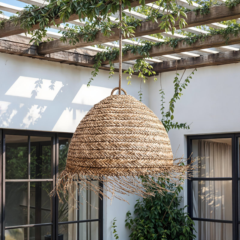 Selene Seagrass Pendant Light - Natural Dome 1-Light Polished Handwoven Dimmable Light Fixture For Kitchen Island, Kitchen, Dining Room, Living Room, Bedroom or Covered Patio in Boho, Country, Farmhouse, Modern Farmhouse & Mid-Century Modern Style