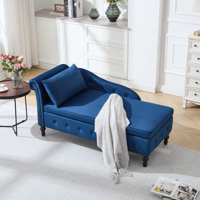 Chaise longue de rangement en velours Eastham, Bleu, Orienté à droite