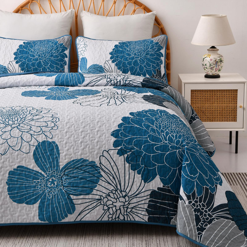 3 Pieces Floral Printed Quilt Set All Season Lightweight Bedspread Set with Shams, Lake Blue, King Quilt + 2 King Shams