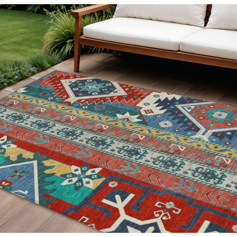 8' X 10' Red Pink And Teal Blue Aztec Washable Indoor Outdoor Area Rug
