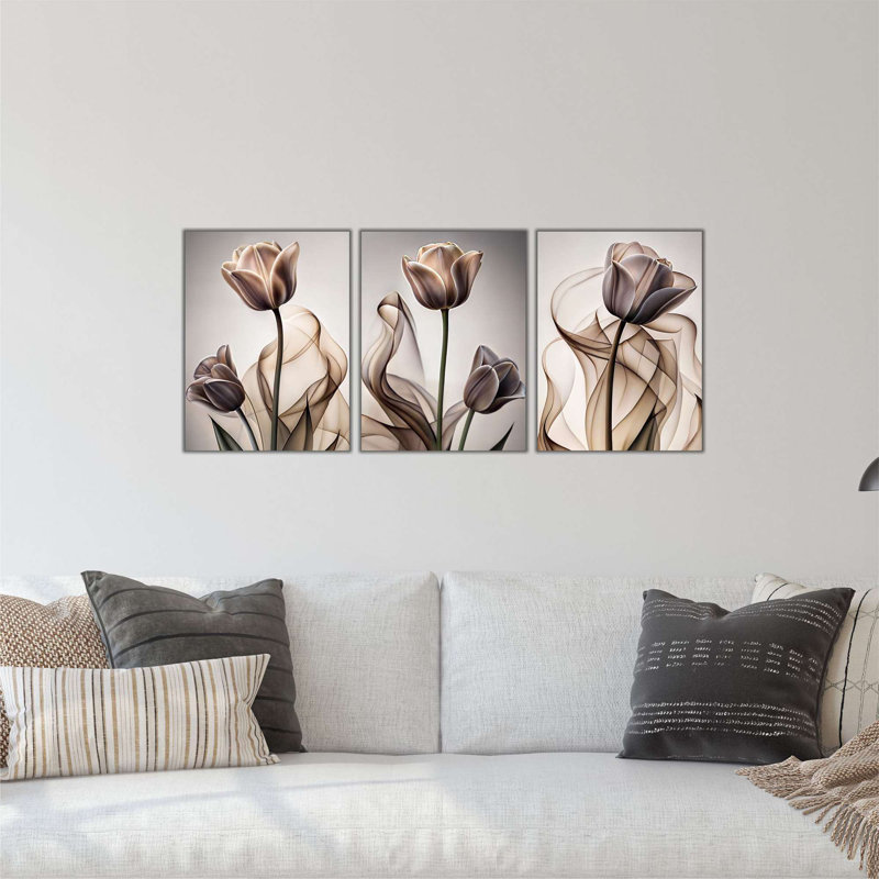 Ensemble de 3 panneaux décoratifs muraux en sépia à motif floral abstrait sépia 3 pièces