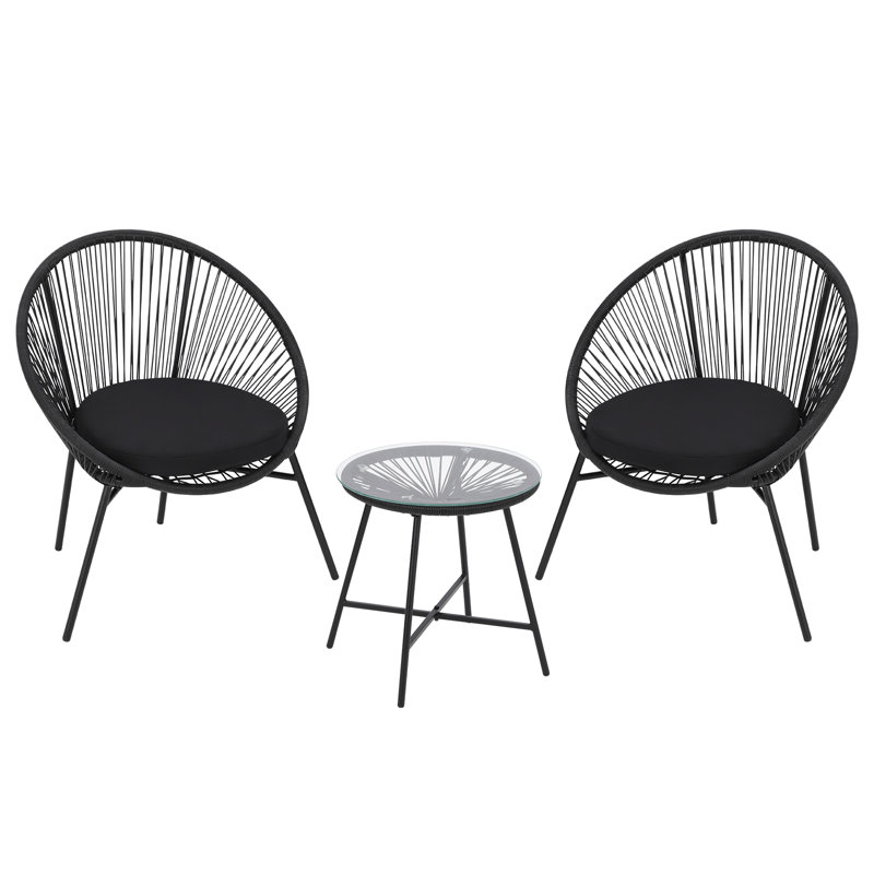 3-Piece Acapulco Patio Set – All-Weather Woven Chairs & Tempered Glass Table for Balcony/Deck, Black, Black, Black