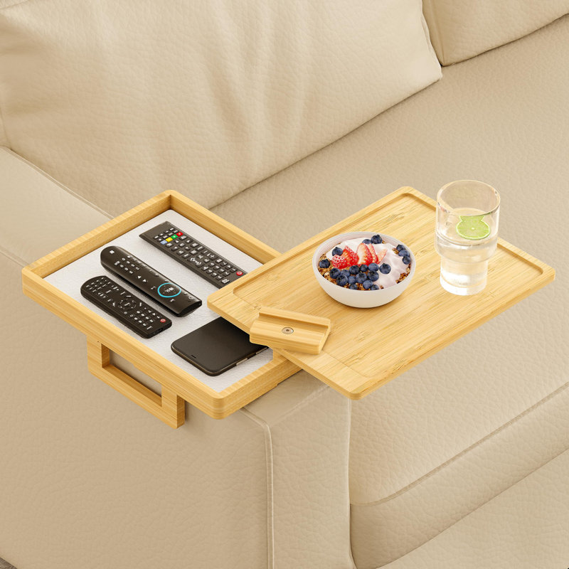 Bamboo Couch Arm Tray For Wide Couch, Sofa Arm Clip Table With Storage Box, Couch Armrest Tray With 360°Rotating Phone Holder
