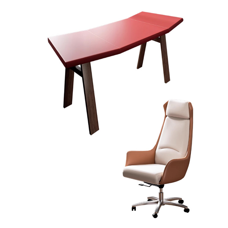 Red Saddle Leather Ash Wood Writing Desk, 29.52" H x 55.11" W x 23.62" D