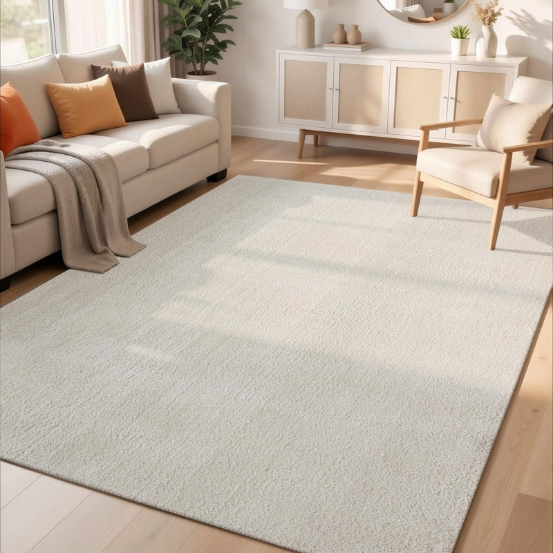 Taeler Washable Modern Living Room Rug Polyester Plain - Anti-Slip Felt Backing Carpet Bedroom-Hallway, Cream