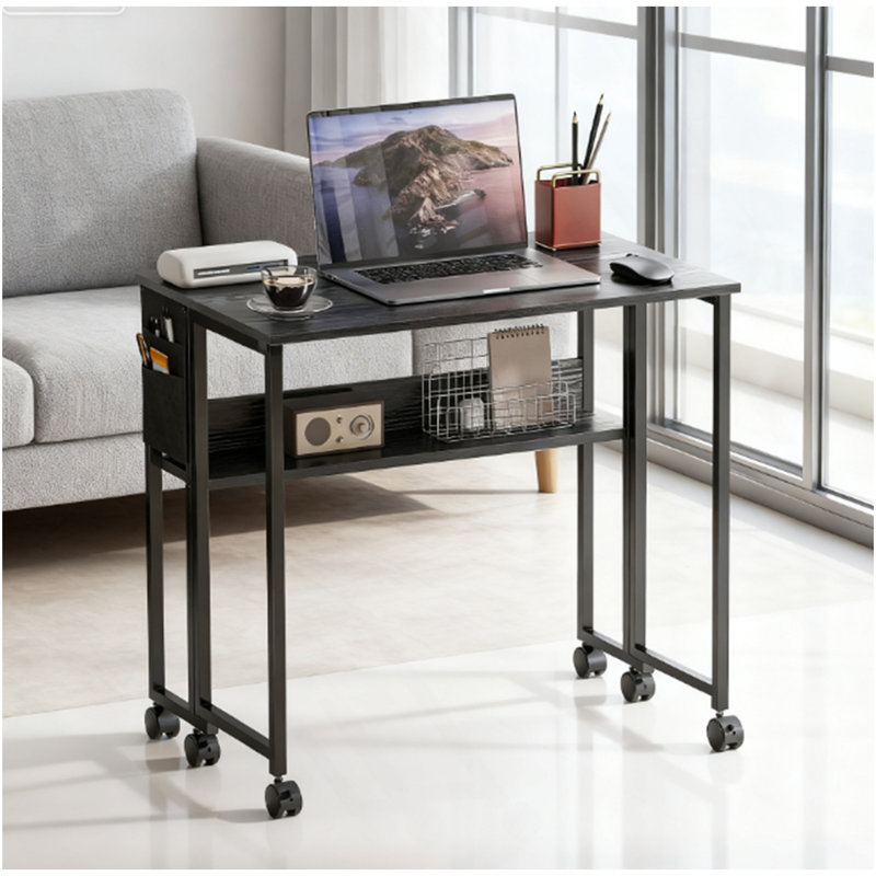 Bureau d'ordinateur pliable, avec sac de rangement, tablette et roulettes pour petits espaces, bureau à domicile, Blanc