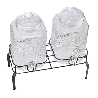 Double Glass Drink Dispenser Set with Stand - 3 Gallon Total Capacity Beverage Server for Parties & Weddings