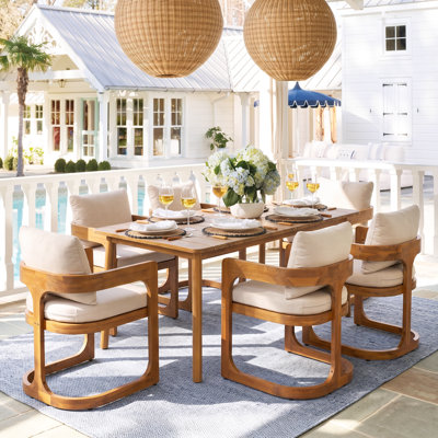 Jameston 7-Piece Mid-Century Modern Acacia Wood Outdoor Dining Set With U-Sled Arm Chairs