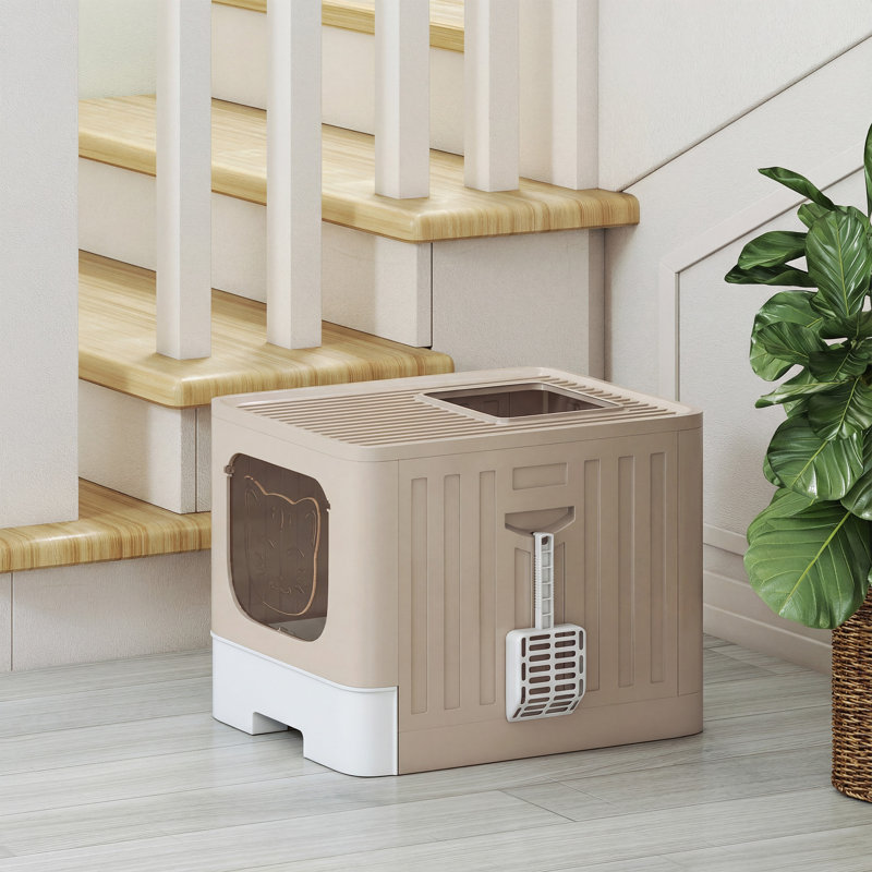 Cat Litter Box with Lid Slide-Out Drawer, Khaki