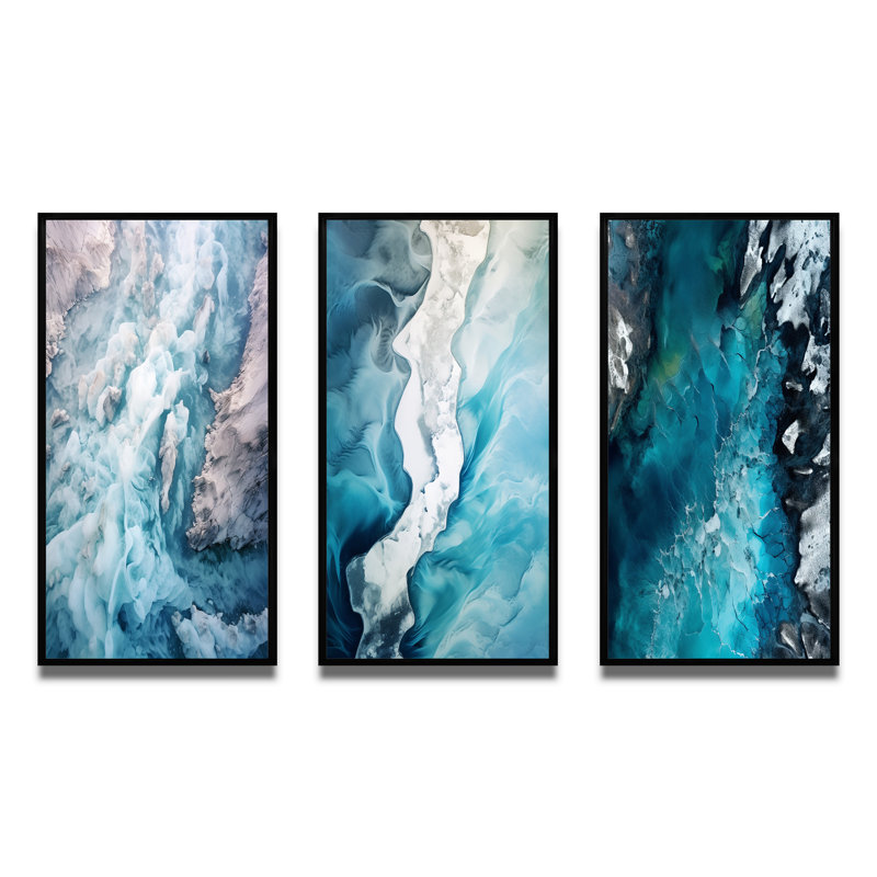 «Vue aérienne du paysage du glacier arctique II», 3 pièces, Cadre flottant noir, H 48 po x l 32 po
