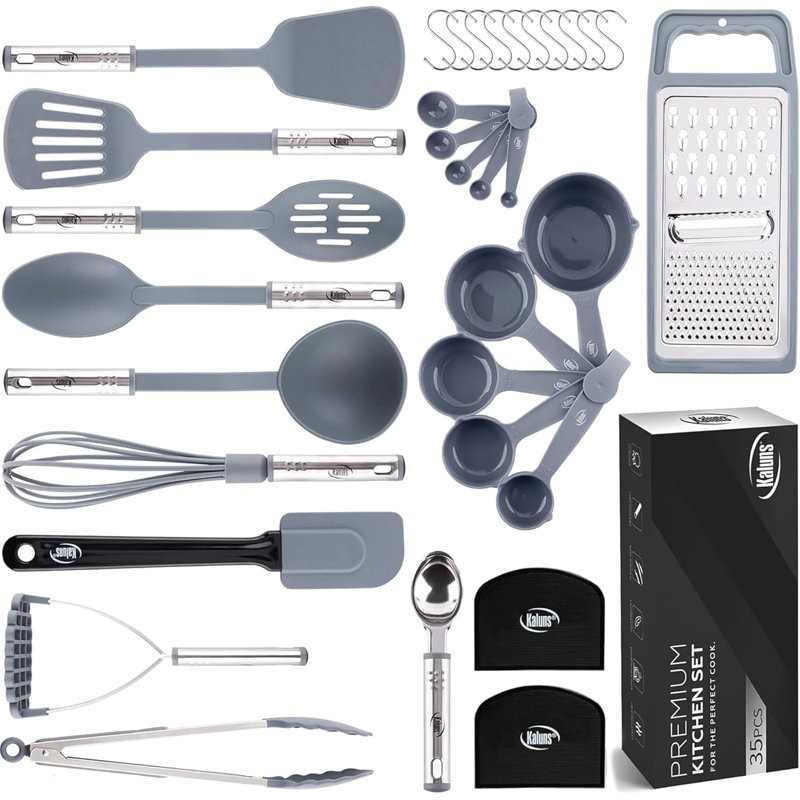 Ensemble d'ustensiles de cuisine 35 pièces avec porte-outils en nylon et en acier inoxydable Kaluns, résistant aux égratignures, résistant à la chaleur, lavable au lave-vaisselle, gris Kaluns