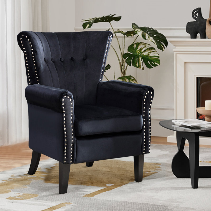 Fauteuil d'appoint rembourré capitonné avec tête de clou pour la chambre, Velours noir