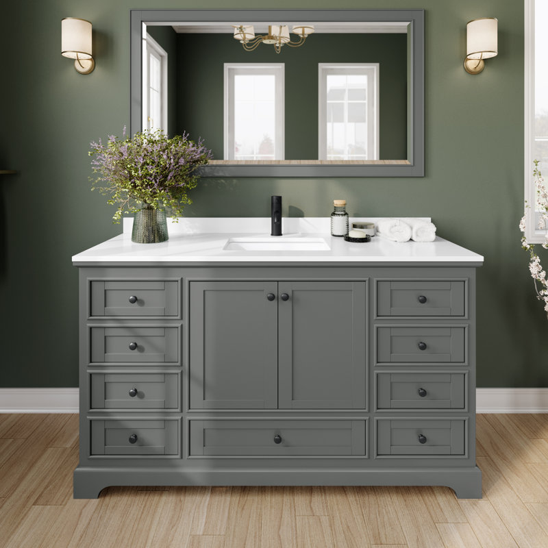 Deborah 60'' Single Bathroom Vanity with Marble Top, White Cultured Marble, Dark Gray/Matte Black