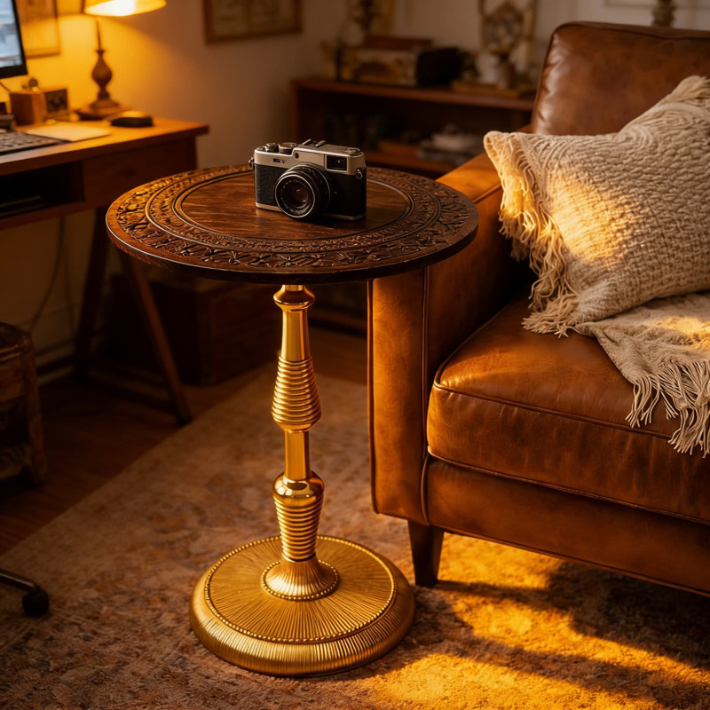 Table d'appoint ronde moderne avec plateau en bois rustique et pieds en aluminium - Table d'appoint peu encombrante pour le salon, la chambre à coucher ou le bureau