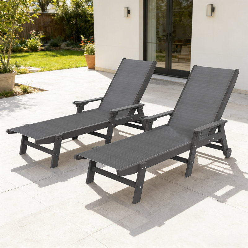 HDPE & PVC-coated polyester Outdoor Chaise Loungers with Arms, 5-Position Adjustable Backrest, Wheeled, Hidden Cup Holders, Set of 2