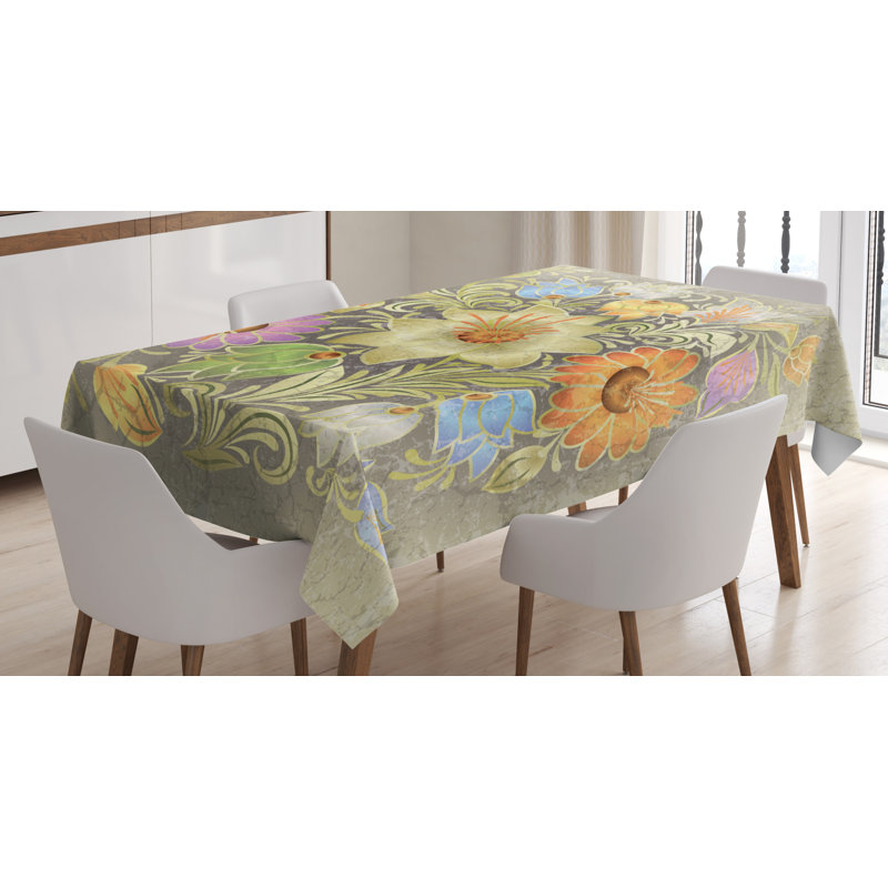 Ambesonne Grunge Tablecloth, Ornate Aged Floral Bouquet Composition Over Antique Style Marble Setting Bohemian, Rectangular Table Cover For Dining Room Kitchen Decor, 52" X 70", Multicolor