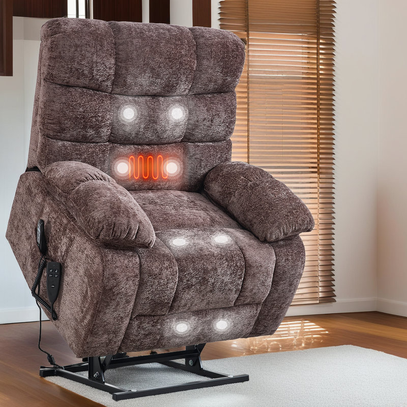 Fauteuil inclinable Power Lift surdimensionné - Moteur double - Inclinaison 180 ° - Massage 8 points et chaleur - Tissu chenille - Assemblage facile