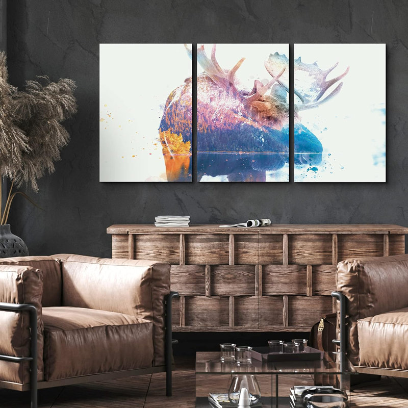 «Rainbow Watercolor Explosion Moose Portrait», 3 pièces sur toile, H 36 po x l 72 po