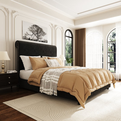 Upholstered Sleigh Platform Bed with Nailhead Trim Headboard