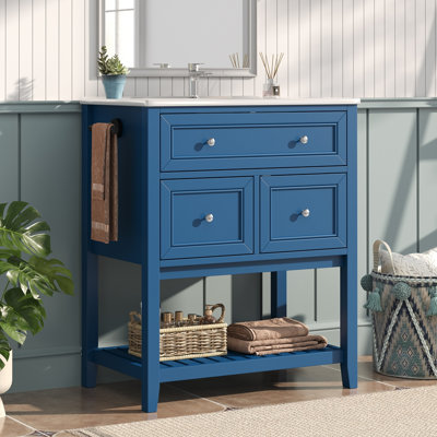 Meuble-lavabo 30 po avec lavabo en céramique bleu marine - Armoire de rangement autoportante avec tiroir basculant, 2 tiroirs et tablette à lattes ouverte, porte-serviettes latéral réversible, poignées argentées, panneau de fibres à densité moyenne