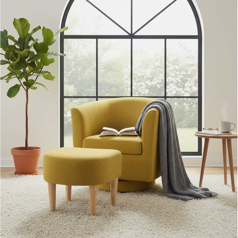 Fauteuil demi-tonneau pivotant avec repose-pieds Sharolynn, Lin jaune