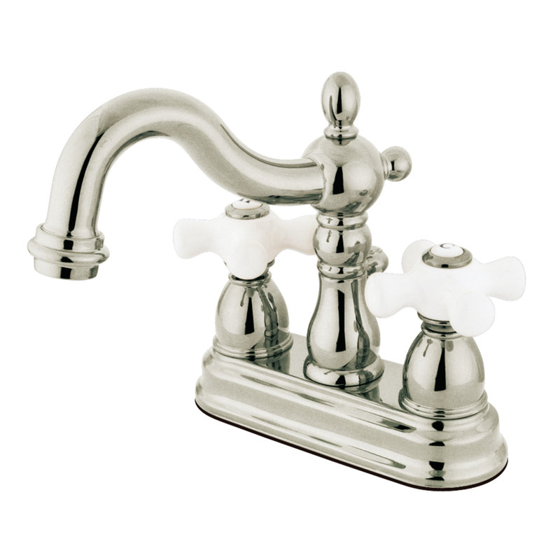 Kingston Brass Heritage Two-Handle 3-Hole Deck Mount 4" Centerset Bathroom Faucet with Brass Pop-Up, Brushed Nickel