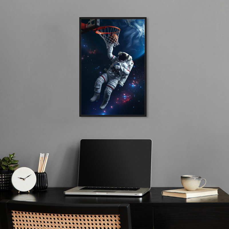 «Astronaut Basketball Canvas», art moderne par Notoriart, Cadre noir, H 16 po x l 11 po
