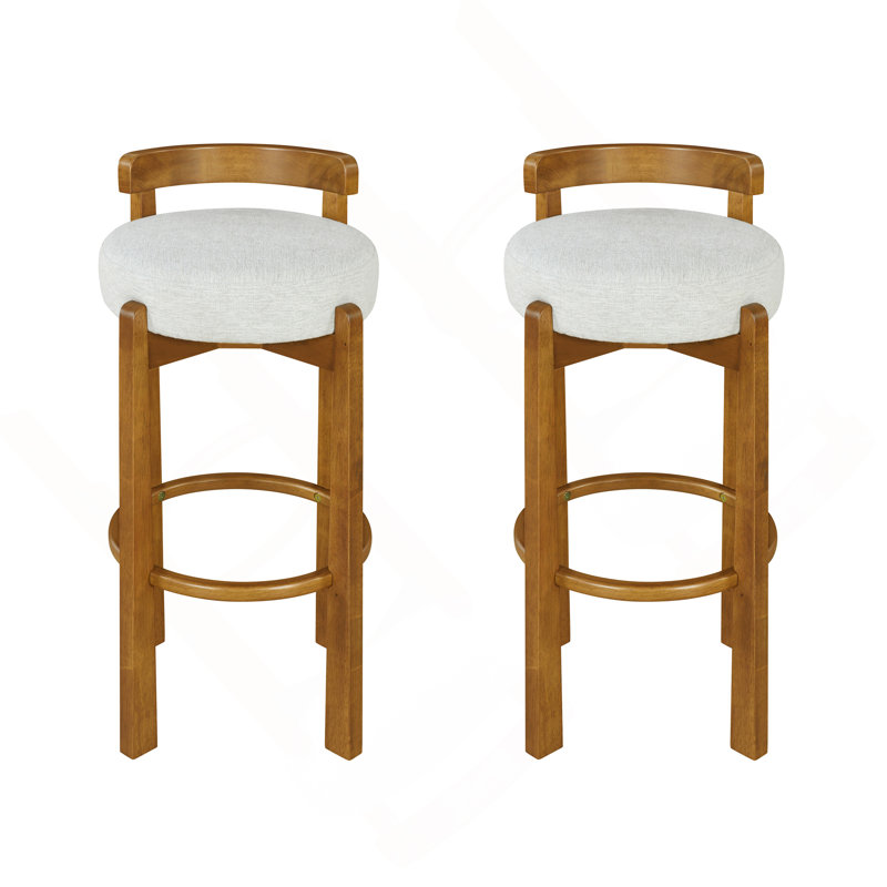 Indoor Wooden Low Back Barstool, Ivory Fabric