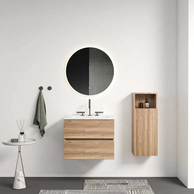 Meuble-lavabo mural 24 po en chêne brut avec lavabo en céramique intégré, 3 trous, trop-plein, grand rangement, conception moderne, compatibilité multi-espaces, glissières de tiroir E1 Grade, silencieux