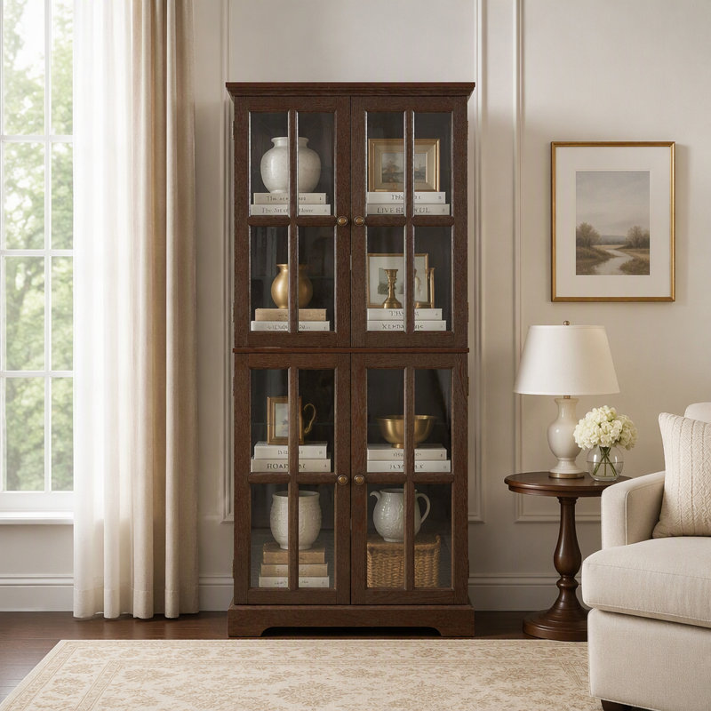 Vitrine vintage en verre avec étagères ajustables et éclairage intégré pour un rangement élégant de vos objets de collection.