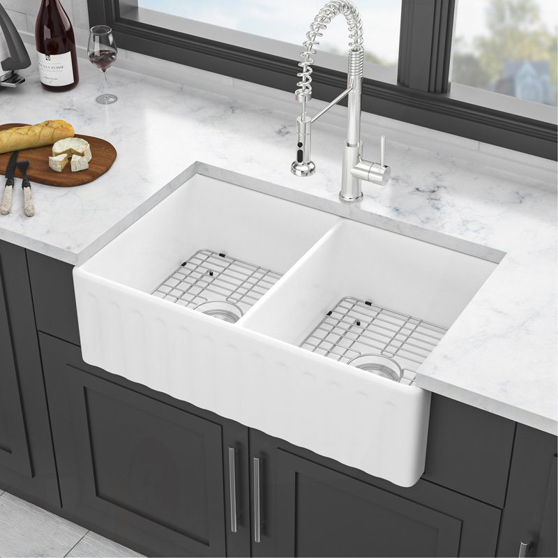 White Farmhouse Sink - 33 Inch White Ceramic Double Bowl Farm Kitchen Sink