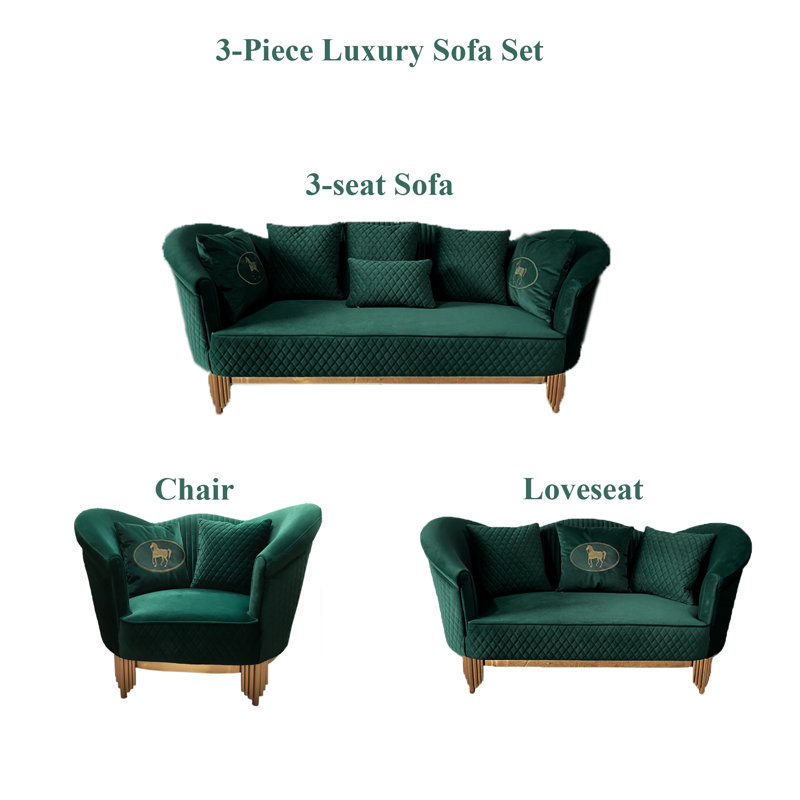 3 - Piece Velvet Living Room Set, Green Velvet