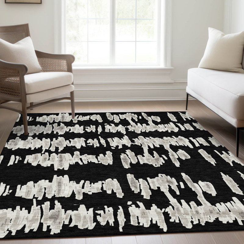 Premium Machine Washable Prisco Black Rug, Rectangle 2'6" x 3'10"