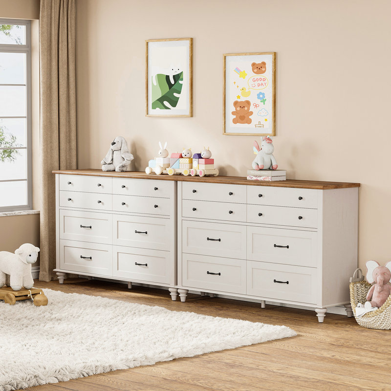 Commode Mid-Century avec 16 tiroirs pour la chambre à coucher, Blanc cassé
