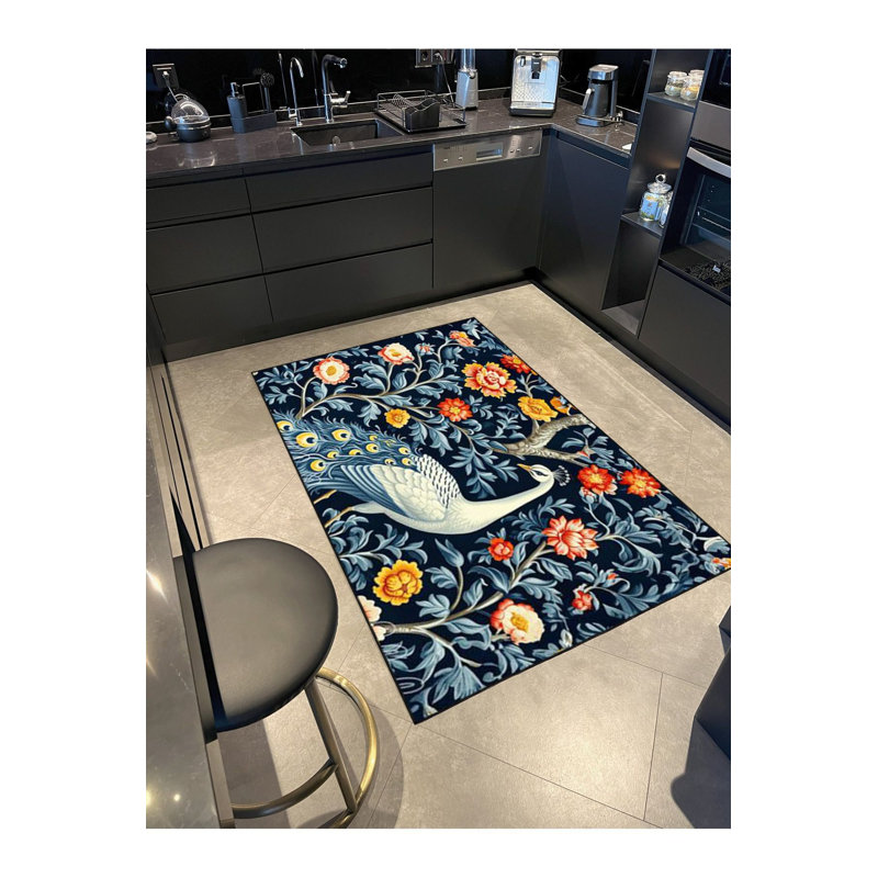 Tapis décoratif tissé à la machine à motif paon lavable à la machine, Sous-tapis rectangulaire 2 pi 6 po x 4 pi 11 po