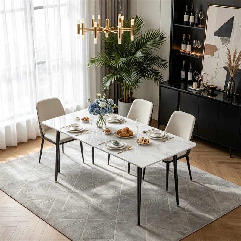 Annagh Stone Top Metal Base Dining Table, Gloss White, 30"H x 47.2" L x 27.5" W