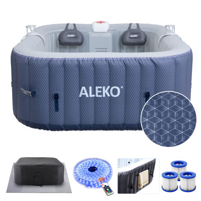 Spa gonflable carré à jets ALEKO Lucca avec couvercle écoénergétique - bleu avec motif carré - 4 personnes