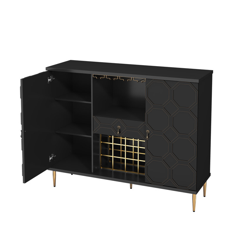 47.23'' Large Coffee Bar Cabinet with Bottle Rack Buffet Sideboard Table for Home, Honeycomb Carving Modern Design, Black