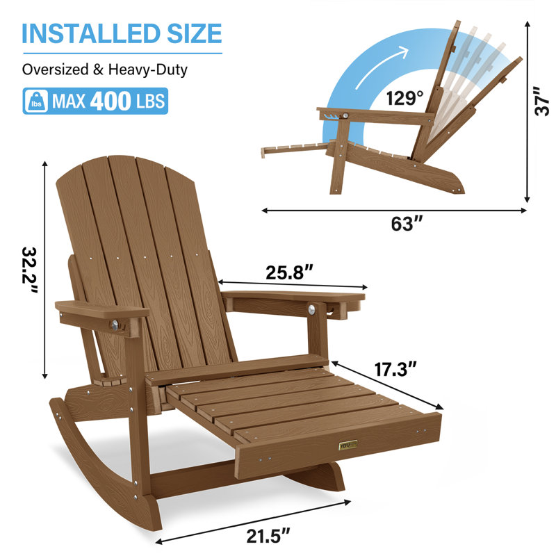 Chaise berçante d'extérieur surdimensionnée en plastique Adirondack, Teck