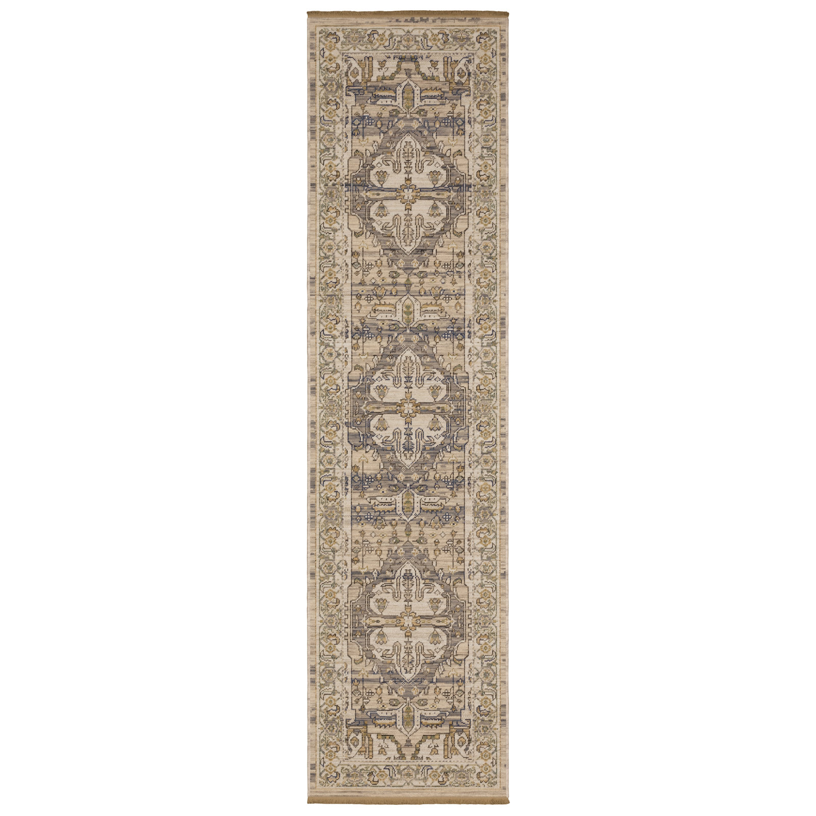 Abena Beige Gray Medallion Oriental Wool Rug, Runner 2'6" x 10'