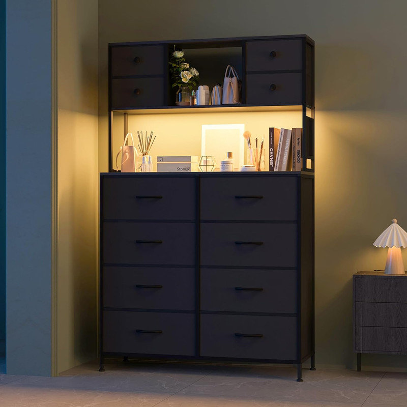 12-Drawer LED Dresser with Charging Station, Fabric & Wood Top Storage for Bedroom & Living Room, Black