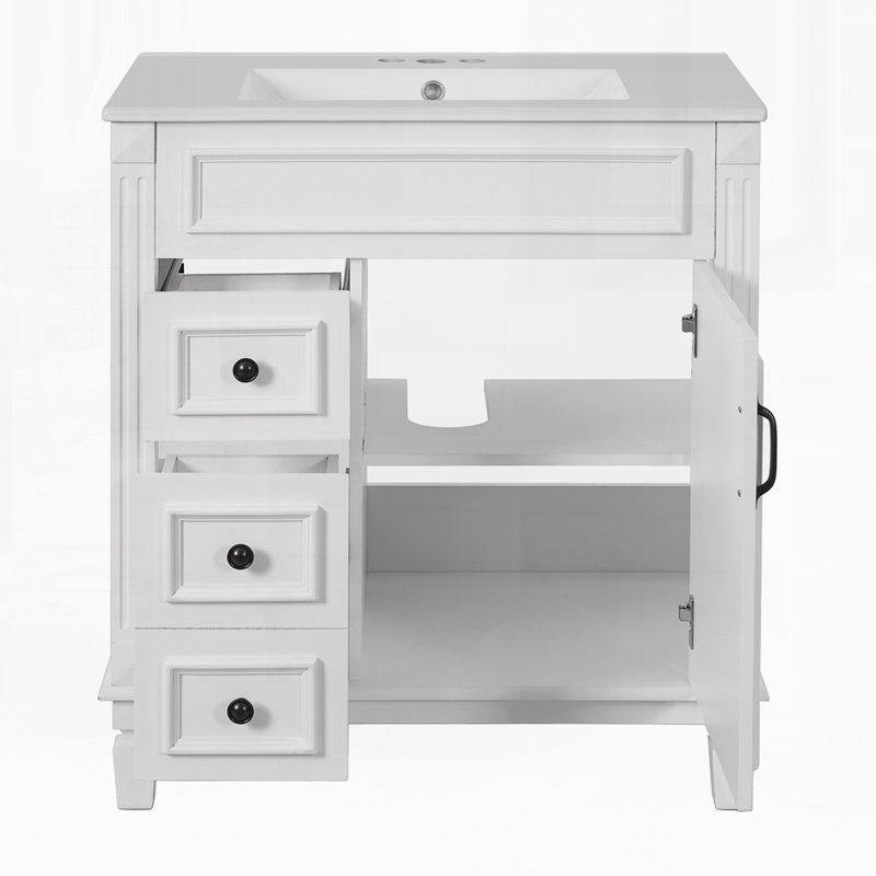 Meuble-lavabo de 30 po avec lavabo en céramique, petite armoire de salle de bain, armoire moderne avec 2 tiroirs et tablette réglable