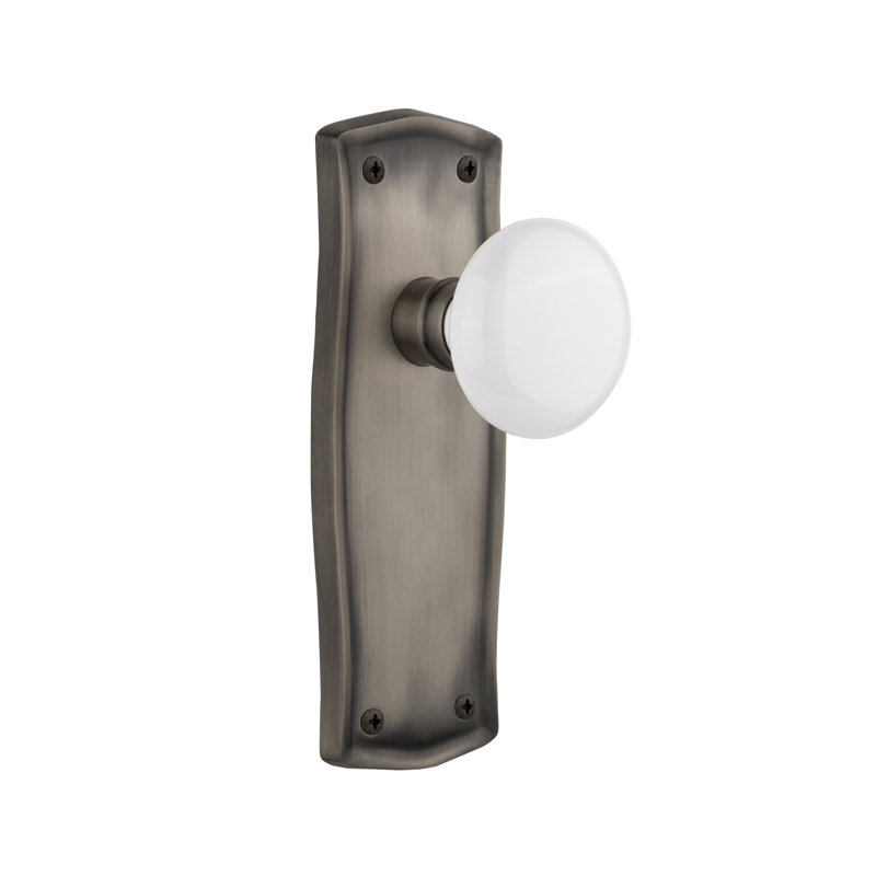 Prairie Plate with White Porcelain Door Knob, 2-3/8”, Antique Pewter