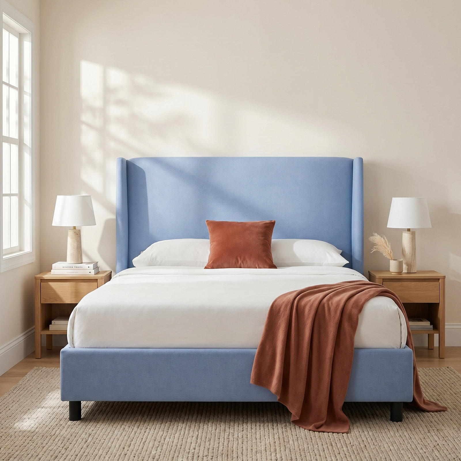 Tilly Linen Upholstered Wingback Bed, Queen, Linen Denim
