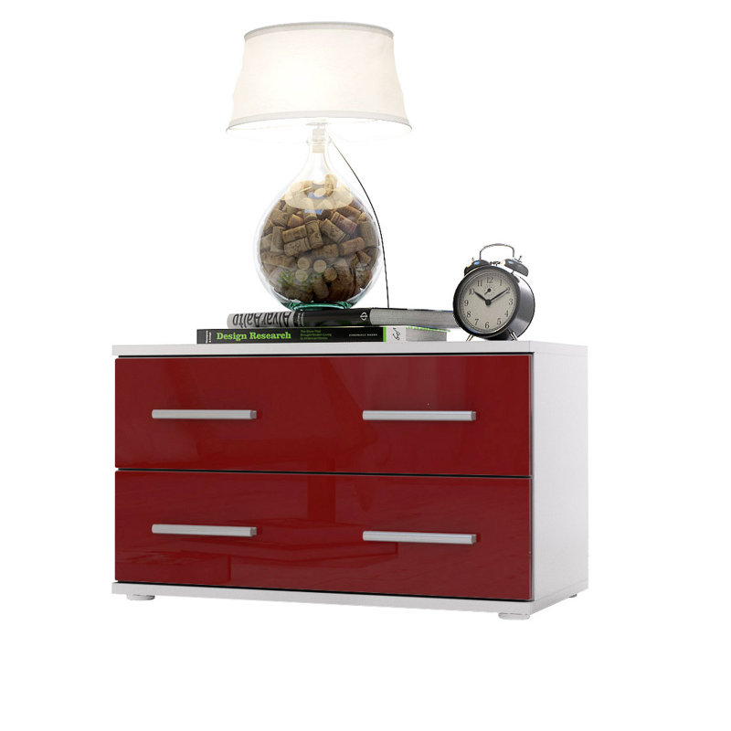 Janney 60 cm W Bedside Table, Matt white/Glossy burgundy